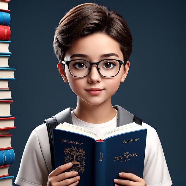 3d Portrait of young student with book for education day