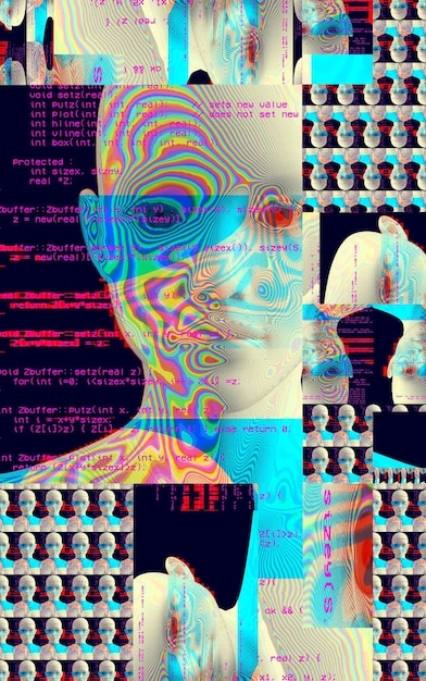 3D-portret van een man met glitch-effect Cyberpunk-stijl Conceptueel beeld van kunstmatige intelligentie Virtuele realiteit Deep Learning en gezichtsherkenningssystemen