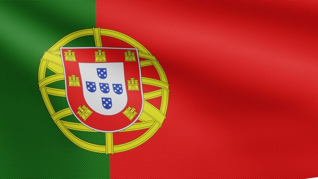 Photo 3d, portuguese flag waving on wind. close up of portugal banner blowing, soft and smooth silk. cloth fabric texture ensign background.