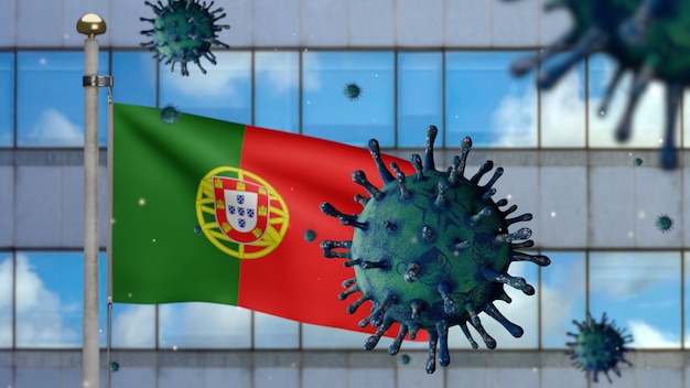 現代の超高層ビルの街とコロナウイルス2019ncovのコンセプトで手を振る3d、ポルトガルの旗。ポルトガルでのアジアでの発生、コロナウイルスはパンデミックと同様に危険なインフルエンザ株の症例としてインフルエンザに感染します。ウイルスcovid19