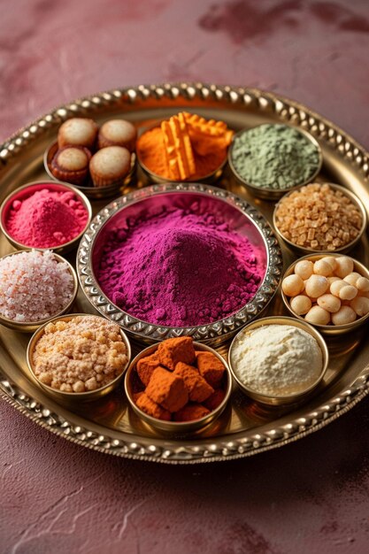 Photo a 3d postcard featuring a minimalist holi thali with color powders and traditional sweets arranged n