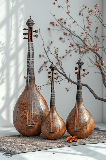 Photo a 3d postcard featuring minimalist traditional musical instruments used in nowruz celebrations