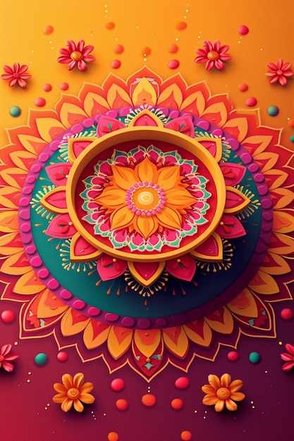 a 3D postcard featuring a simplistic colorful Holi Rangoli design