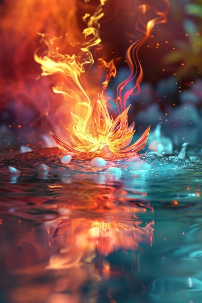 Foto una cartolina 3d che mostra l'armonia del fuoco e dell'acqua