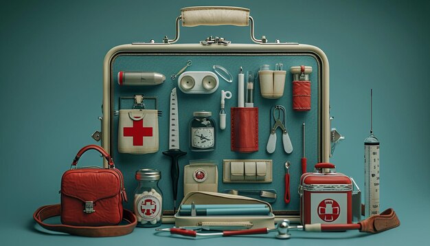 Photo a 3d postcard showing a doctors bag open to reveal essential medical tools