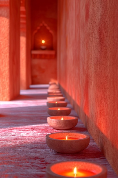 a 3D postcard showing minimalistic earthen lamps in Holi colors