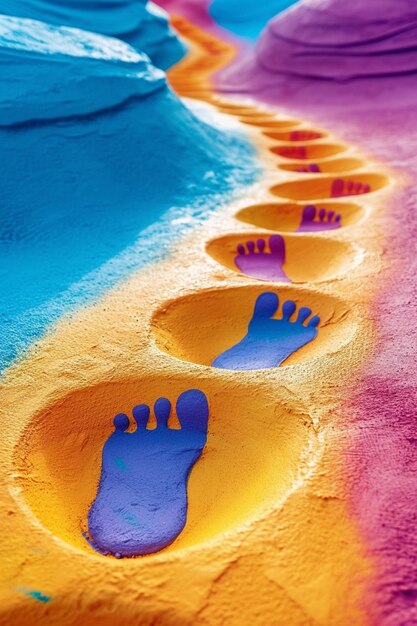 a 3D postcard with minimal Holi colorful footprints leading towards one corner