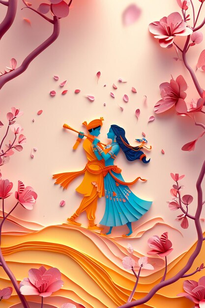 a 3D postcard with a minimalistic depiction of Lord Krishna and Radha