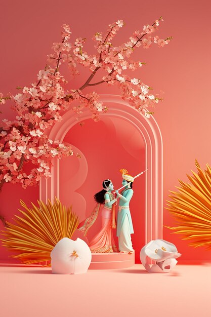 Photo a 3d postcard with a minimalistic depiction of lord krishna and radha