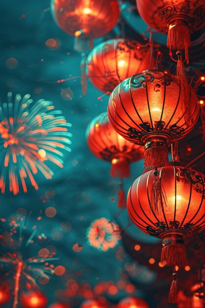 Photo a 3d postcard with subtle depictions of lanterns and firewor