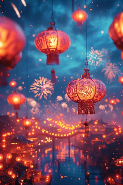 a 3D postcard with subtle depictions of lanterns and firewor