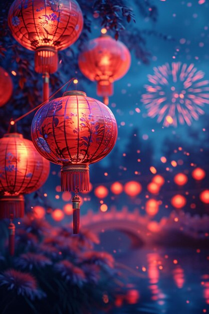 Photo a 3d postcard with subtle depictions of lanterns and firewor