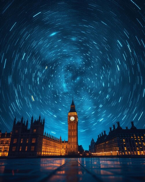 Photo a 3d poster capturing star trails over famous landmarks