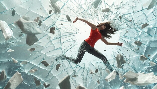 a 3D poster depicting a glass ceiling being shattered by a strong female figure