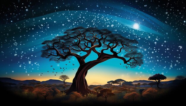 A 3d poster featuring an african baobab tree silhouette against a starry sky