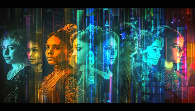 A 3d poster featuring holographic images of historical female figures who have made significant cont