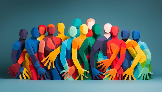 A 3d poster showcasing abstract human figures of diverse shades joining hands symbolizing unity and