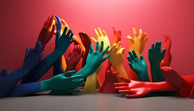 A 3d poster showcasing abstract human figures of diverse shades joining hands symbolizing unity and