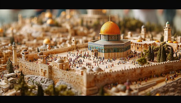 Photo a 3d poster showing jerusalems cityscape with people carrying palm branches