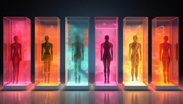 Photo a 3d poster showing a series of small translucent human figures