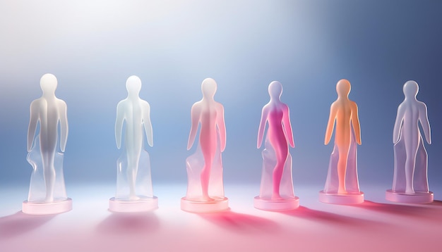 Photo a 3d poster showing a series of small translucent human figures