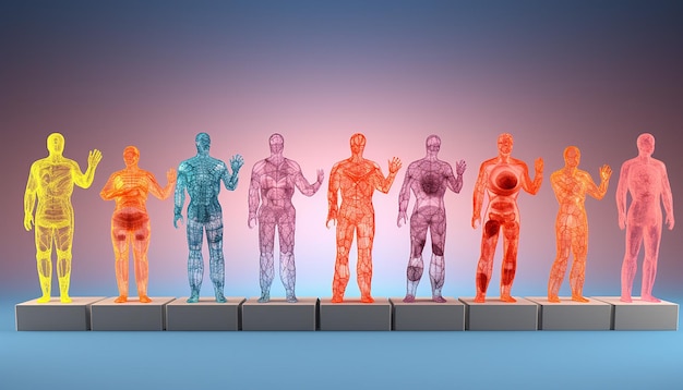 Photo a 3d poster showing a series of small translucent human figures