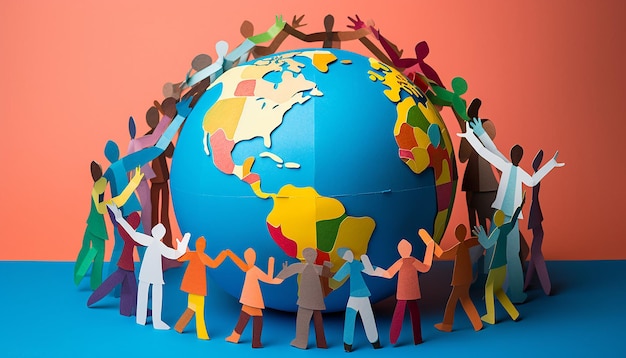 3D-постер с абстрактными человеческими фигурами разных цветов, держащимися за руки вокруг глобуса