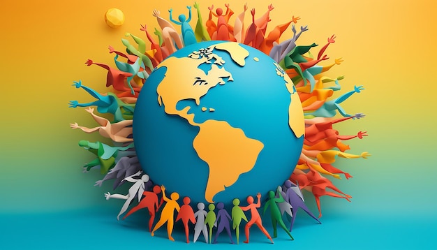 a 3D poster with abstract human figures of different colors holding hands around a globe