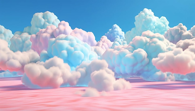 A 3d poster with a series of minimalist colorful powder clouds against a serene skyblue background