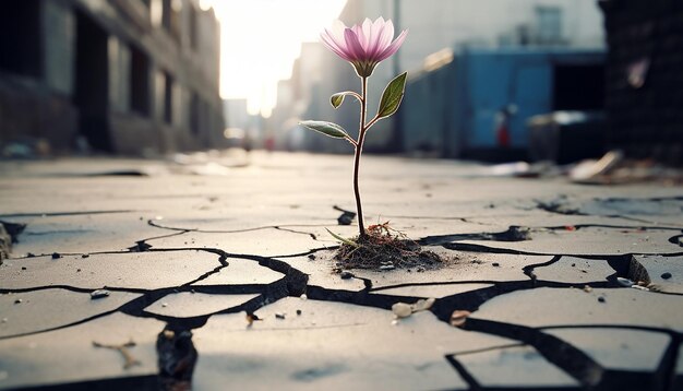 Foto un poster 3d con un singolo fiore realistico che cresce attraverso le crepe del marciapiede