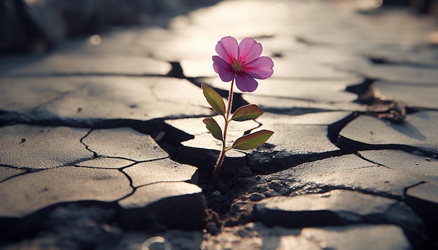 Photo a 3d poster with a single realistic flower growing through cracks in the pavement