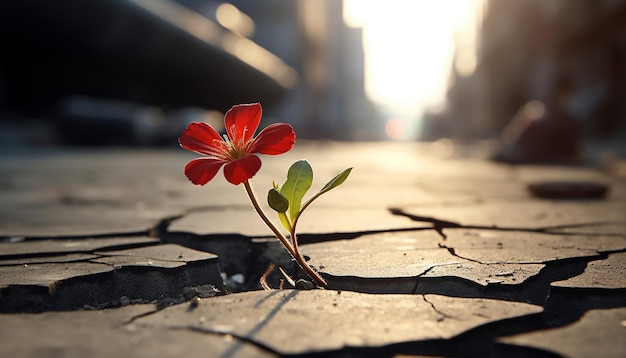 Photo a 3d poster with a single realistic flower growing through cracks in the pavement