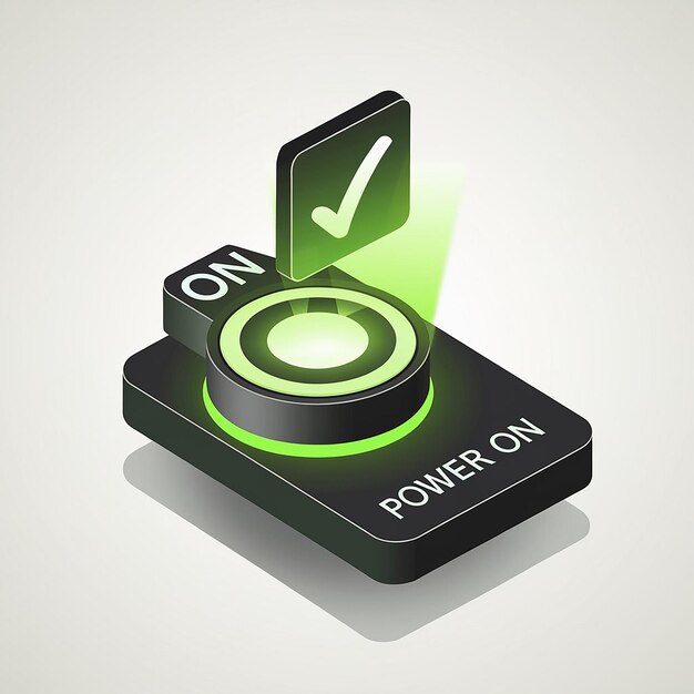 3d power start button icon isolated on white background web pushbutton power on and off correct tick problem fail on application 3d emergency switch icon vector with shadow render illustration