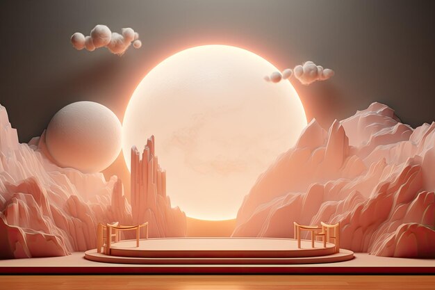 3d premium product stage podium with clouds and sun in pink color theme mockup