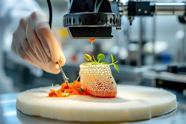 写真 3dプリンターで料理を制作するフィッシュ・オン・プレート (fish-on-plate) 技術はレストランのプロの料理に使われます