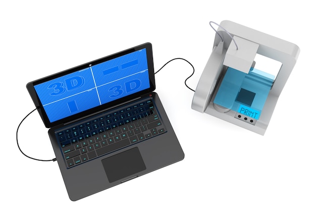 3D-printer aangesloten op laptop op een witte achtergrond