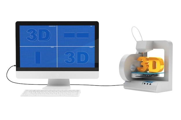 3d-принтер, подключенный к настольному компьютеру на белом фоне