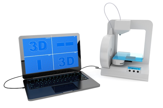 Stampante 3d collegata al laptop su sfondo bianco