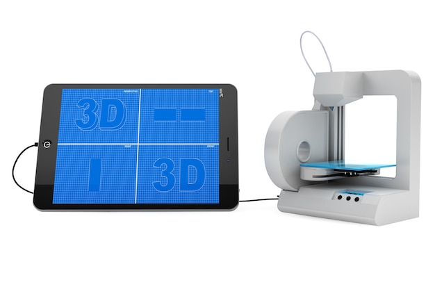 3D-принтер, подключенный к планшетному ПК на белом фоне