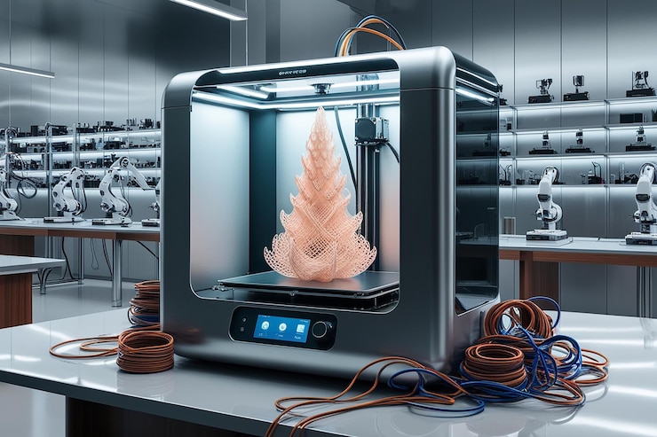 Photo 3d printer creating model in technology lab vector illustration
