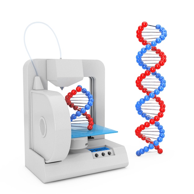 3D-printer Druk de nieuwe DNA-moleculen af op een witte achtergrond. 3D-rendering