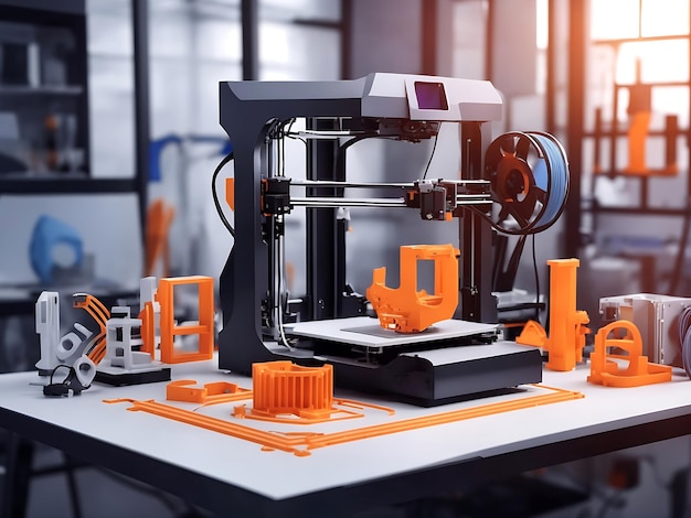 3D-printer op werkplek van ingenieursmaker met abstract tech-schema van additieve technologieën