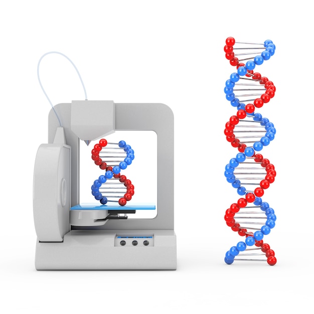 3d 프린터는 흰색 배경에 새로운 DNA 분자를 인쇄합니다. 3d 렌더링