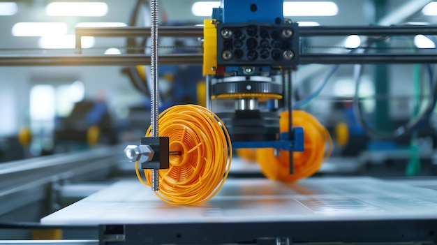 3D printer printing an orange object The printer is in a room with white walls and a gray floor