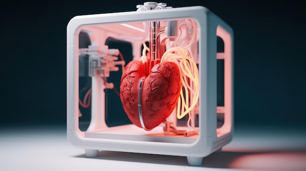 3D printer prints a human heart Medical implantation of organs Dark background isolate AI generated