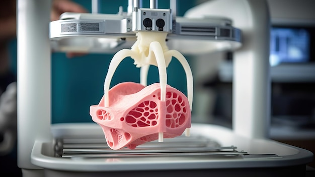 3D printer prints a human heart Medical implantation of organs Dark background isolate AI generated