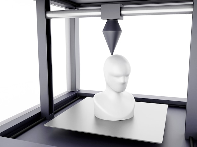 3D printer prints model of human head.