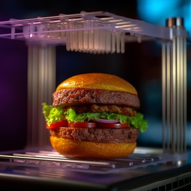 a 3D printer prints a real burger from the fibers of bread meat and vegetables