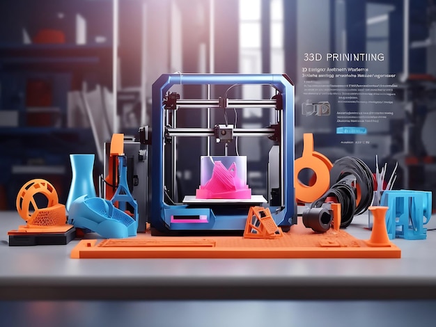 3D printer on workplace of engineer maker with abstract tech schema of additive technologies