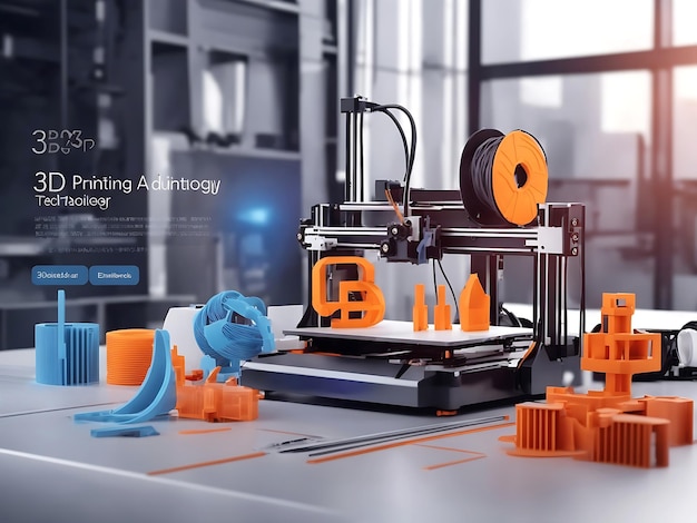 3D printer on workplace of engineer maker with abstract tech schema of additive technologies
